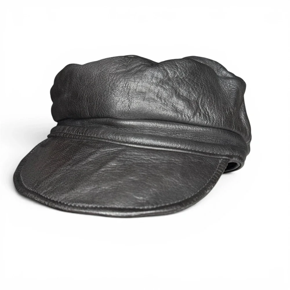 Vintage Champlain Leather Newsboy Greek Fisherman Hat Black USA Large